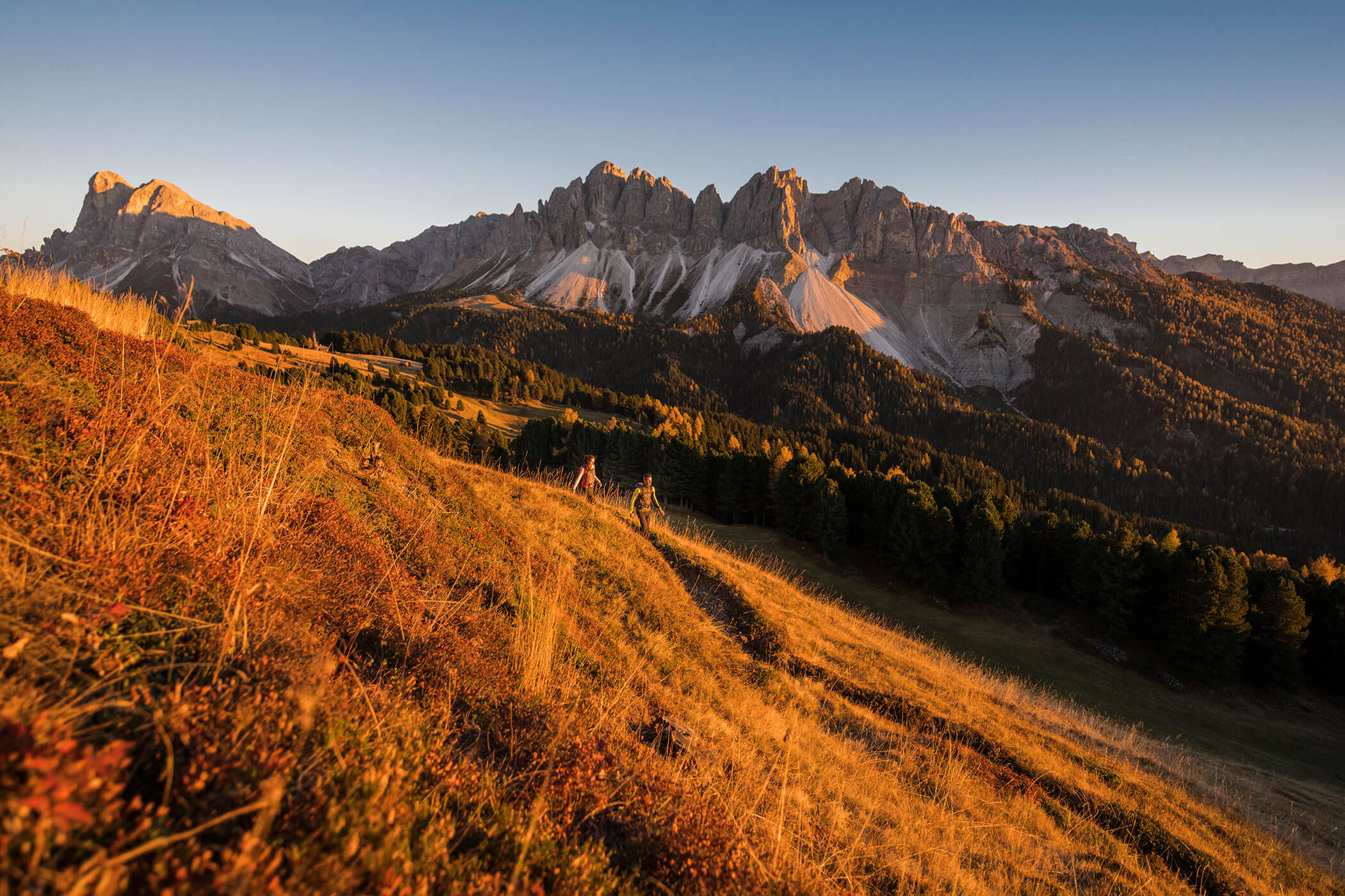 Two hikers in the evening sun amidst the South Tyrolean mountains