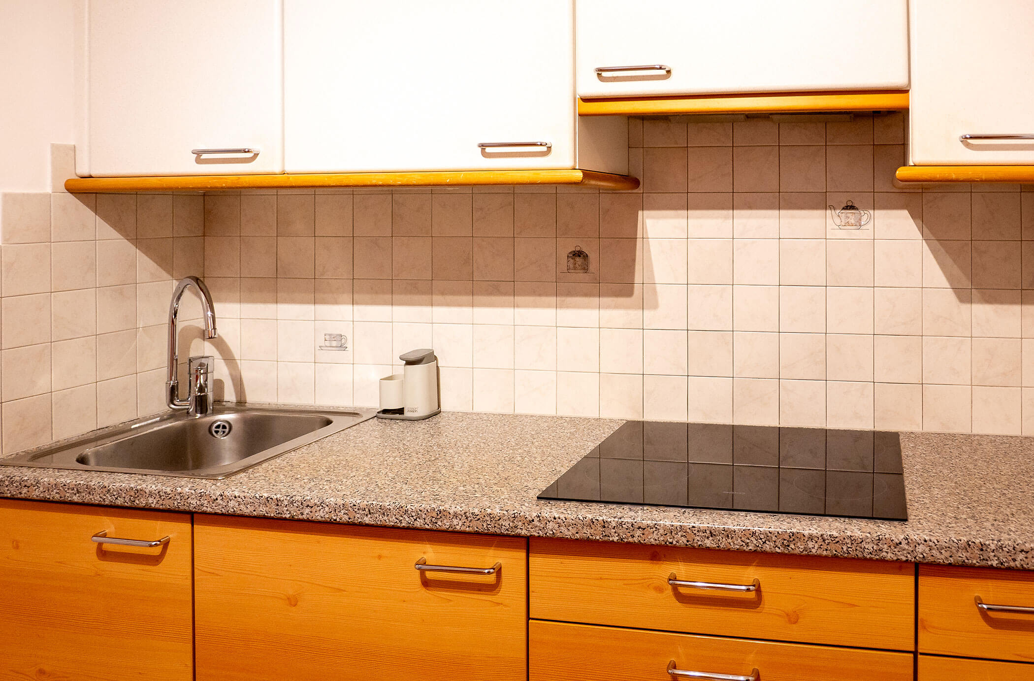 Cucina con piano cottura e lavello nell'appartamento Pino Cembro - Hirschenhof